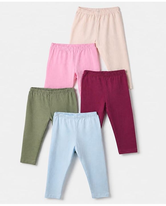 Babyhug Cotton Lycra Elastane Knit Slim Fit Full Length Solid Leggings Pack of 5 - Peach, Baby Pink, Light Green, Maroon & Light Blue