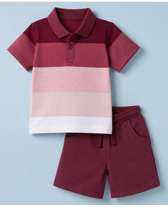 Babyhug 100% Cotton Knit Half Sleeves Striped T-Shirt and Shorts Set - Pink & Maroon