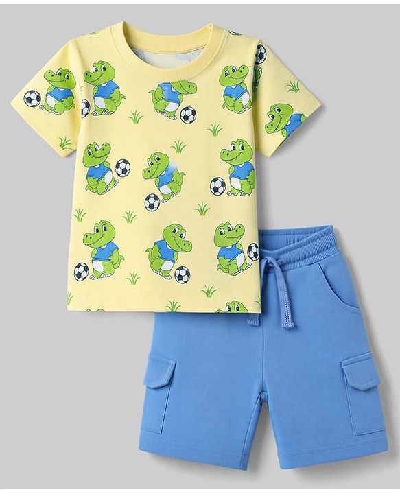 Babyhug 100% Cotton Single Jersey Knit Crocodile Printed T-Shirt & Shorts Set - Yellow