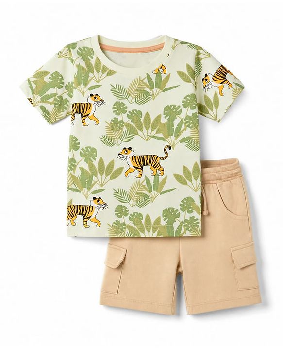 Babyhug 100% Cotton Knit Half Sleeves Jungle Theme Printed T-Shirt & Shorts Set - Olive Green