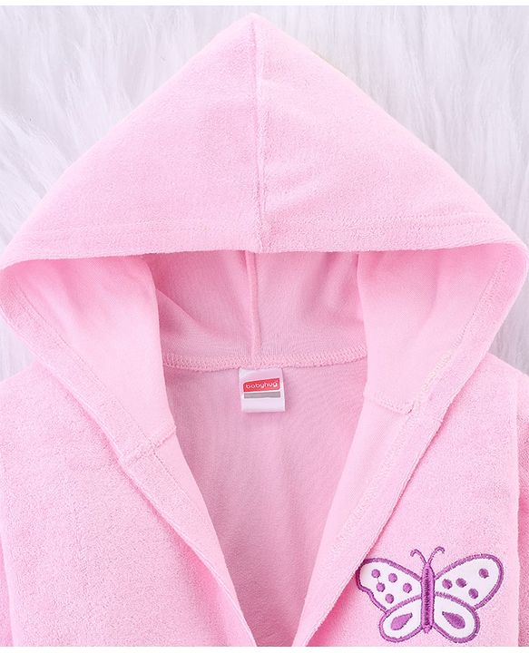 Babyhug Knit Terry Full Sleeves Bath Robe With Butterfly Embroidery - Pink