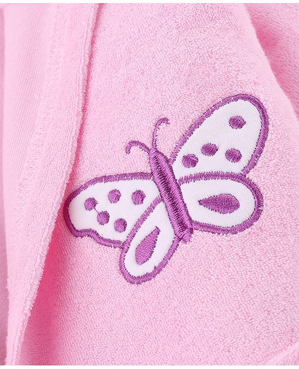 Babyhug Knit Terry Full Sleeves Bath Robe With Butterfly Embroidery - Pink