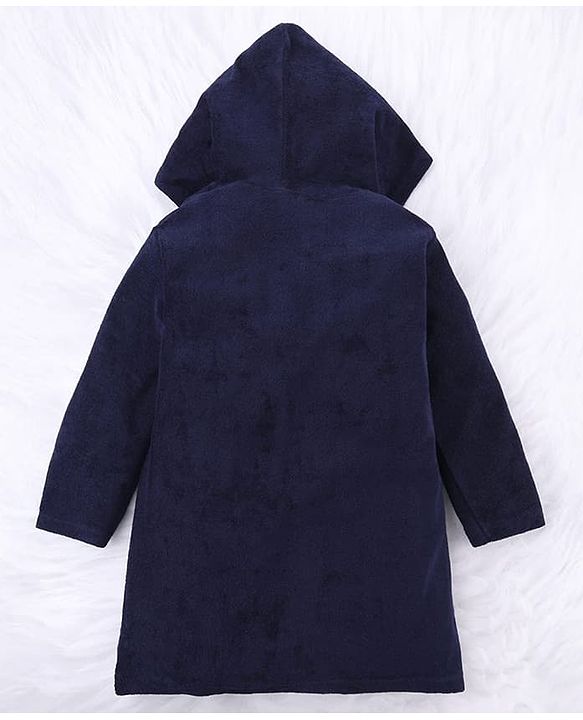 Babyhug Knit Terry Full Sleeves Bath Robe  With Tiger Embroidery - Navy Blue