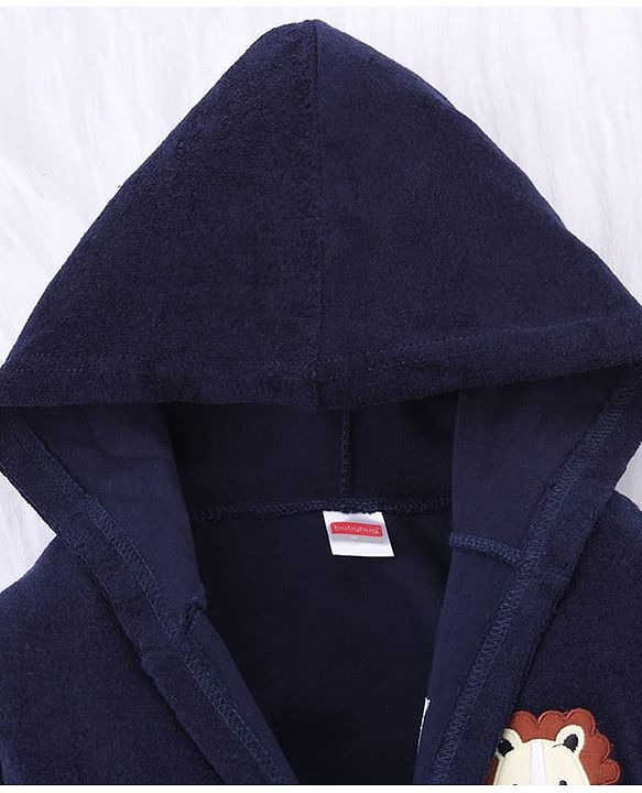 Babyhug Knit Terry Full Sleeves Bath Robe  With Tiger Embroidery - Navy Blue