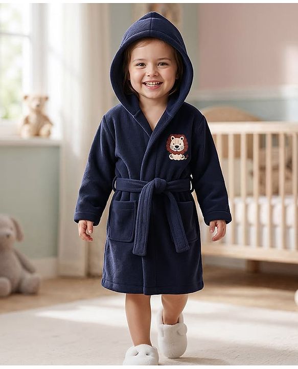 Babyhug Knit Terry Full Sleeves Bath Robe  With Tiger Embroidery - Navy Blue