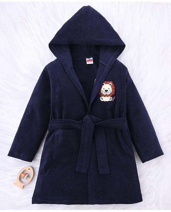 Babyhug Knit Terry Full Sleeves Bath Robe  With Tiger Embroidery - Navy Blue