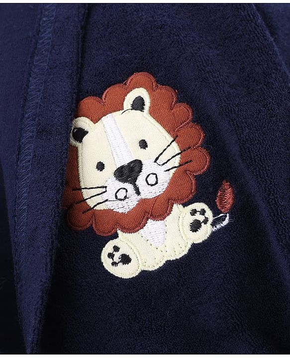 Babyhug Knit Terry Full Sleeves Bath Robe  With Tiger Embroidery - Navy Blue