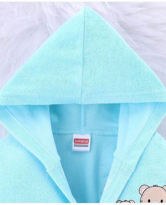 Babyhug Knit Terry Full Sleeves Bath Robe With Teddy Bear Embroidery - Light Blue