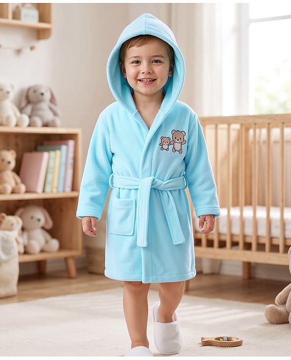 Babyhug Knit Terry Full Sleeves Bath Robe With Teddy Bear Embroidery - Light Blue