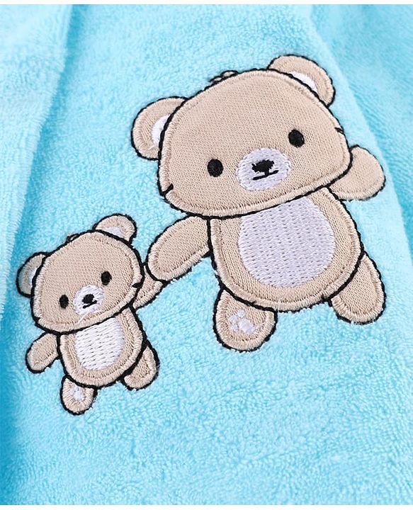 Babyhug Knit Terry Full Sleeves Bath Robe With Teddy Bear Embroidery - Light Blue