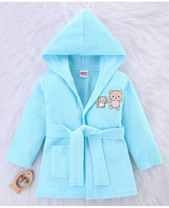 Babyhug Knit Terry Full Sleeves Bath Robe With Teddy Bear Embroidery - Light Blue