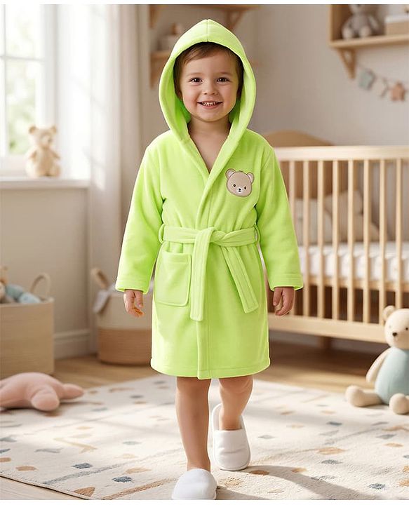 Babyhug Terry Knit Full Sleeves Hooded Bath Robe with Bear Face Patch- Lime Green