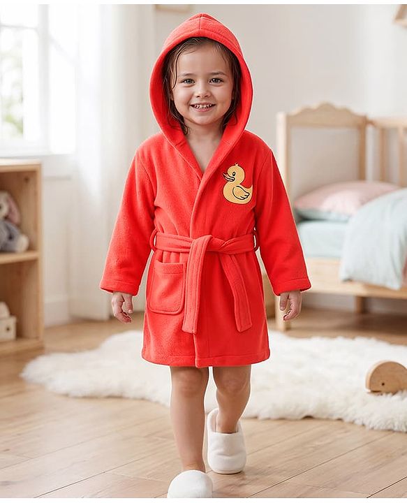 Babyhug Terry Knit Full Sleeves Hooded Bath Robe with Duck Patch -Red