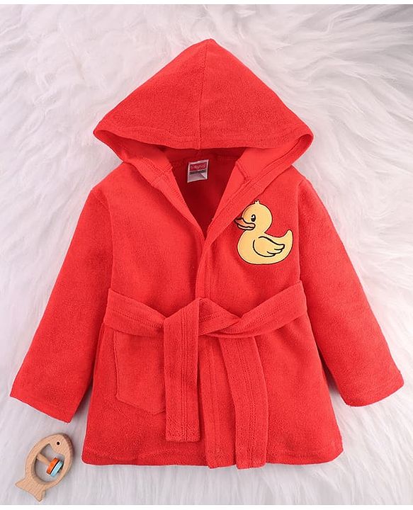 Babyhug Terry Knit Full Sleeves Hooded Bath Robe with Duck Patch -Red