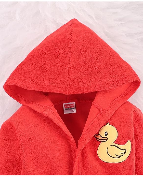 Babyhug Terry Knit Full Sleeves Hooded Bath Robe with Duck Patch -Red