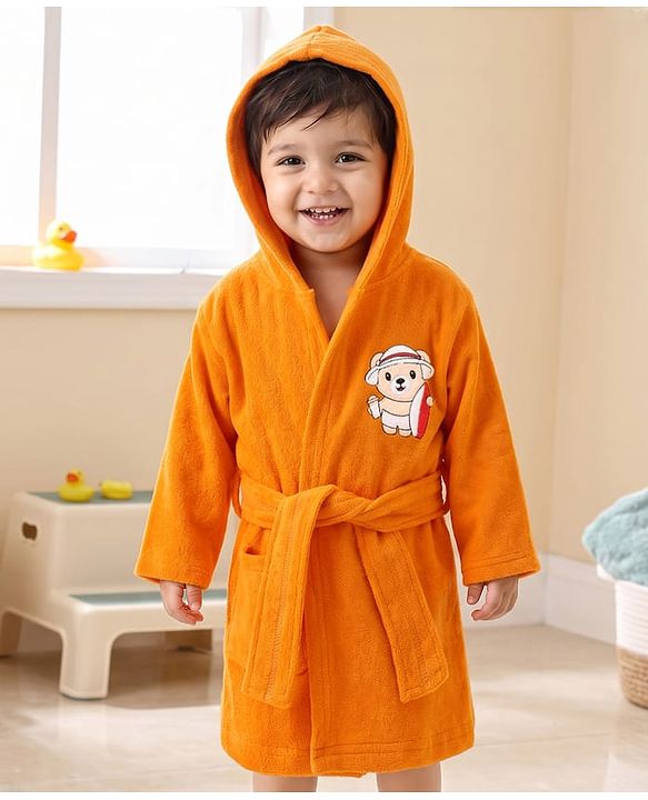 Babyhug Terry Knit Solid Full Sleeves Bath Robe With Puppy Print - Orange