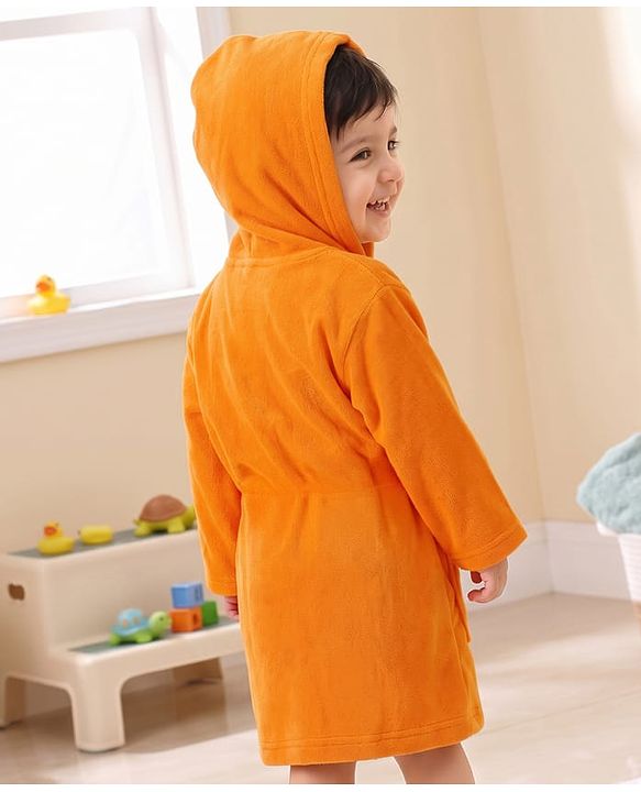 Babyhug Terry Knit Solid Full Sleeves Bath Robe With Puppy Print - Orange