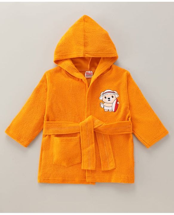 Babyhug Terry Knit Solid Full Sleeves Bath Robe With Puppy Print - Orange