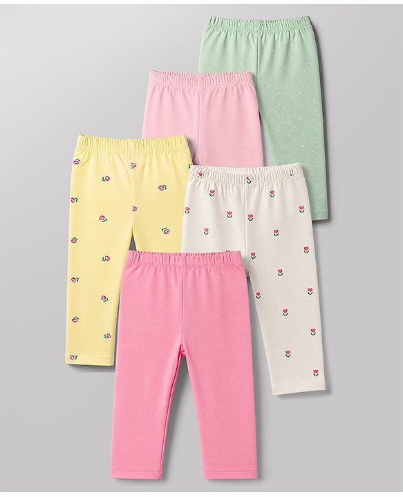 Babyhug Cotton Elastane Knit Slim Fit Full Length Leggings With Floral Print Pack of 5 - Pink White Yellow Green