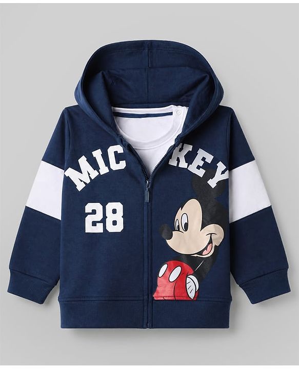 Babyhug Disney 100% Cotton Terry Full Sleeves T-Shirt, Hooded Sweatshirt and Jogger with Mickey Mouse Graphic Print - Navy Blue White & Red