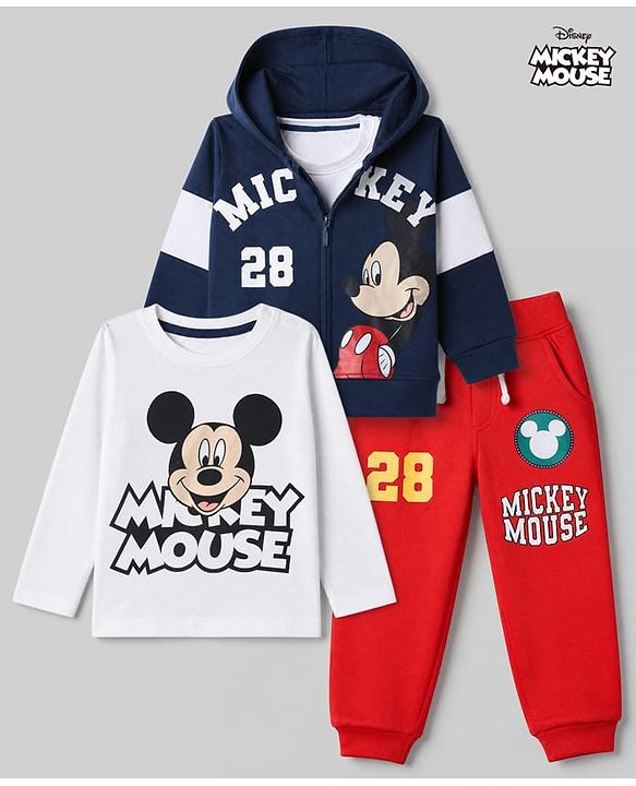 Babyhug Disney 100% Cotton Terry Full Sleeves T-Shirt, Hooded Sweatshirt and Jogger with Mickey Mouse Graphic Print - Navy Blue White & Red