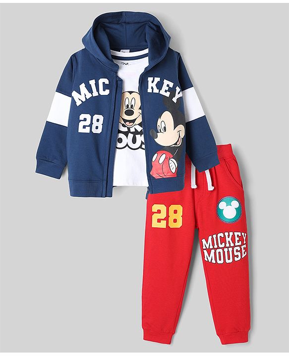 Babyhug Disney 100% Cotton Terry Full Sleeves T-Shirt, Hooded Sweatshirt and Jogger with Mickey Mouse Graphic Print - Navy Blue White & Red