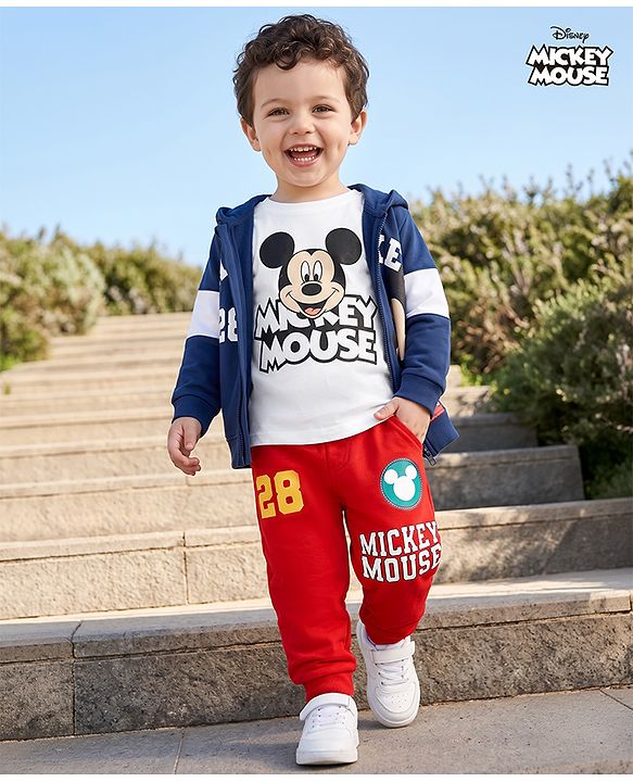 Babyhug Disney 100% Cotton Terry Full Sleeves T-Shirt, Hooded Sweatshirt and Jogger with Mickey Mouse Graphic Print - Navy Blue White & Red