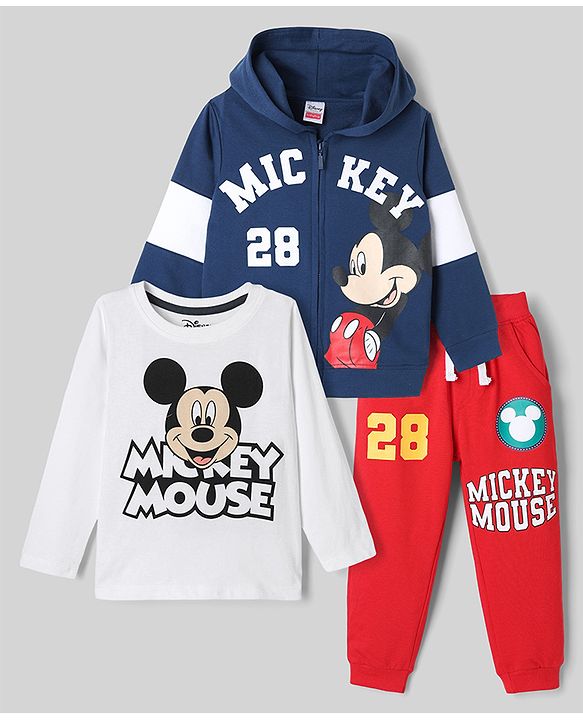 Babyhug Disney 100% Cotton Terry Full Sleeves T-Shirt, Hooded Sweatshirt and Jogger with Mickey Mouse Graphic Print - Navy Blue White & Red