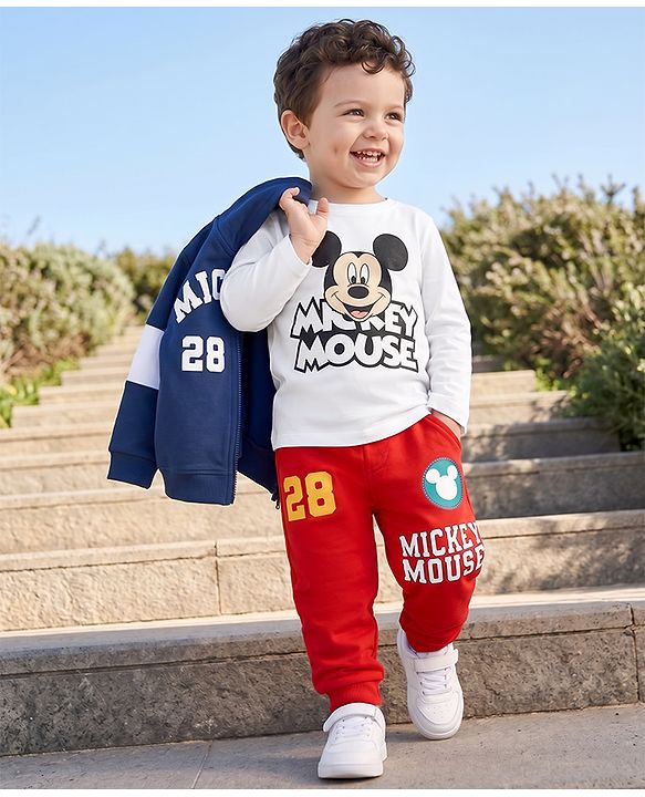 Babyhug Disney 100% Cotton Terry Full Sleeves T-Shirt, Hooded Sweatshirt and Jogger with Mickey Mouse Graphic Print - Navy Blue White & Red