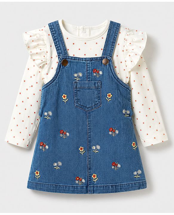 Babyhug Denim Woven Full Sleeves Frock with Inner Tee & Floral Embroidery - Blue