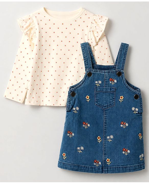 Babyhug Denim Woven Full Sleeves Frock with Inner Tee & Floral Embroidery - Blue