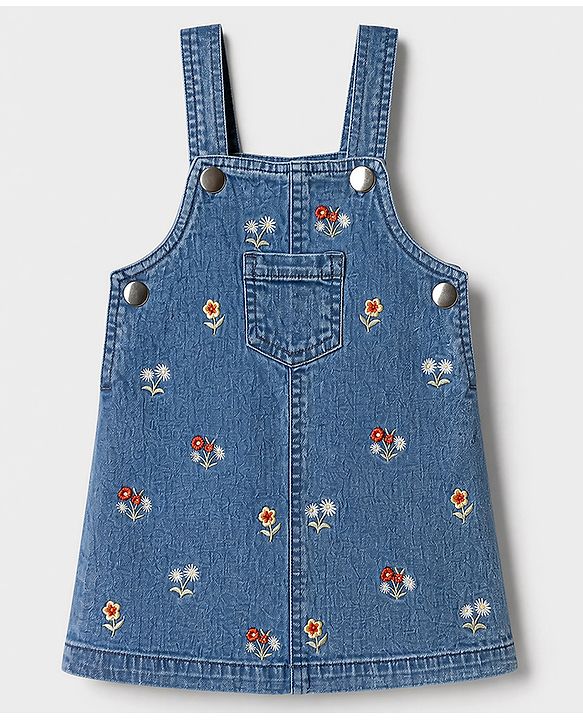 Babyhug Denim Woven Full Sleeves Frock with Inner Tee & Floral Embroidery - Blue