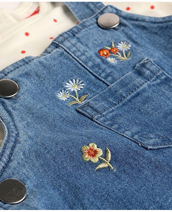 Babyhug Denim Woven Full Sleeves Frock with Inner Tee & Floral Embroidery - Blue