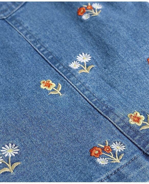 Babyhug Denim Woven Full Sleeves Frock with Inner Tee & Floral Embroidery - Blue