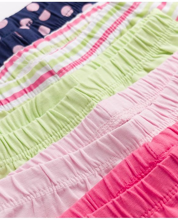 Babyhug Cotton Lycra Knit Full Length Polka Dots Solid & Striped Leggings Pack Of 5 - Dark Pink Navy Blue & Lime Green
