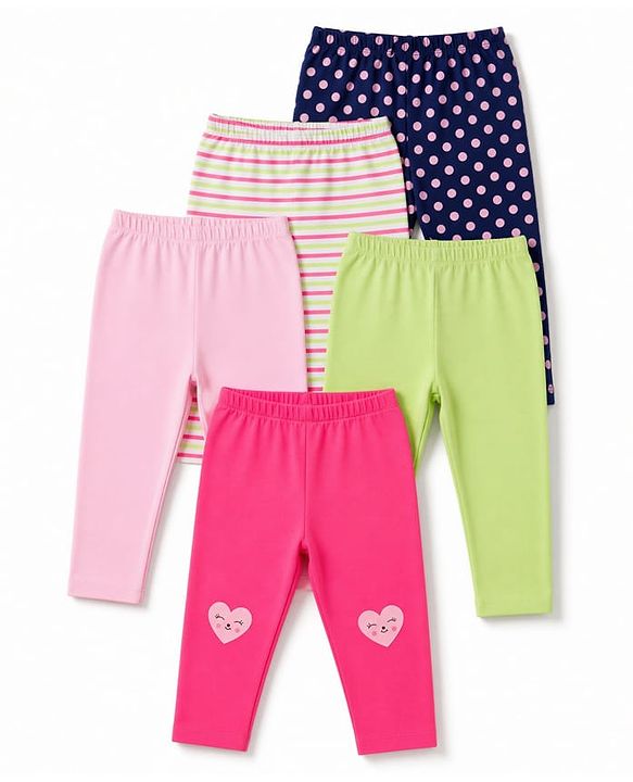 Babyhug Cotton Lycra Knit Full Length Polka Dots Solid & Striped Leggings Pack Of 5 - Dark Pink Navy Blue & Lime Green