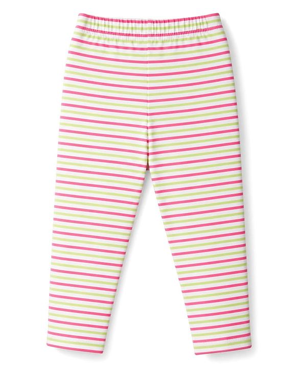 Babyhug Cotton Lycra Knit Full Length Polka Dots Solid & Striped Leggings Pack Of 5 - Dark Pink Navy Blue & Lime Green