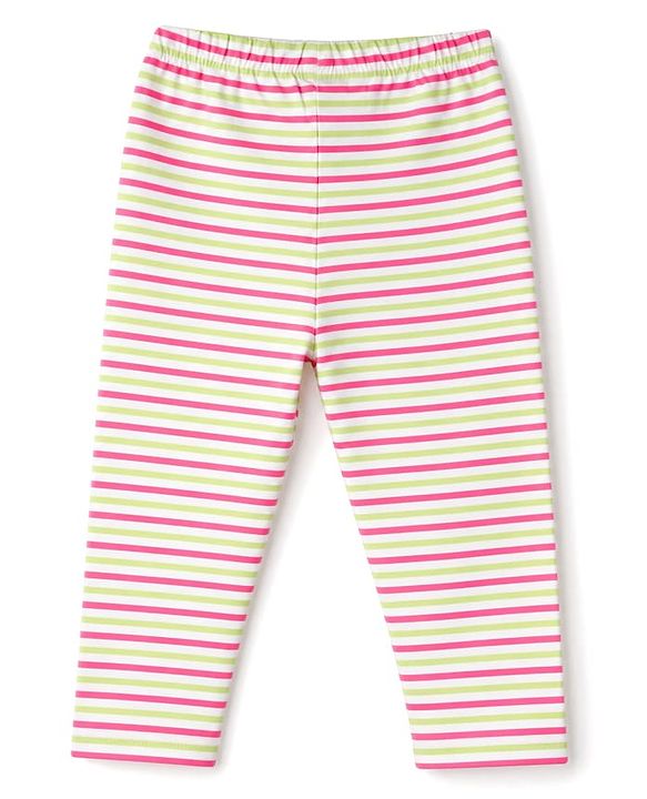 Babyhug Cotton Lycra Knit Full Length Polka Dots Solid & Striped Leggings Pack Of 5 - Dark Pink Navy Blue & Lime Green