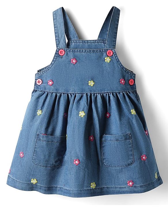 Babyhug 100% Cotton Woven Half Sleeves Denim Frocks with Inner Tee & Floral Embroidery - Blue
