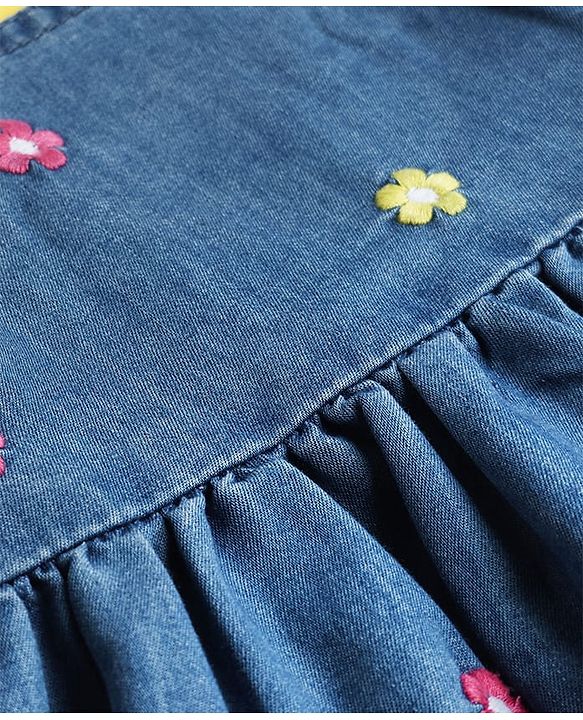 Babyhug 100% Cotton Woven Half Sleeves Denim Frocks with Inner Tee & Floral Embroidery - Blue
