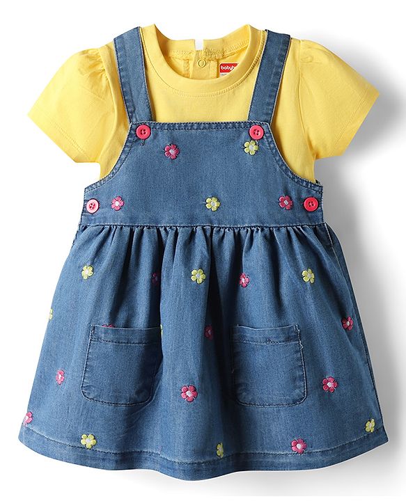 Babyhug 100% Cotton Woven Half Sleeves Denim Frocks with Inner Tee & Floral Embroidery - Blue