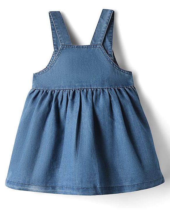 Babyhug 100% Cotton Woven Half Sleeves Denim Frocks with Inner Tee & Floral Embroidery - Blue