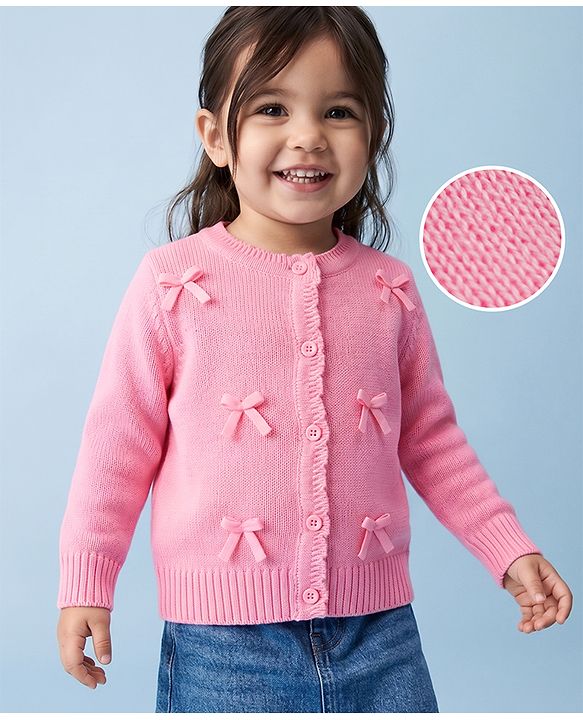 Babyhug Knit Full Sleeves Front Open Sweater With Bow Applique - Pink