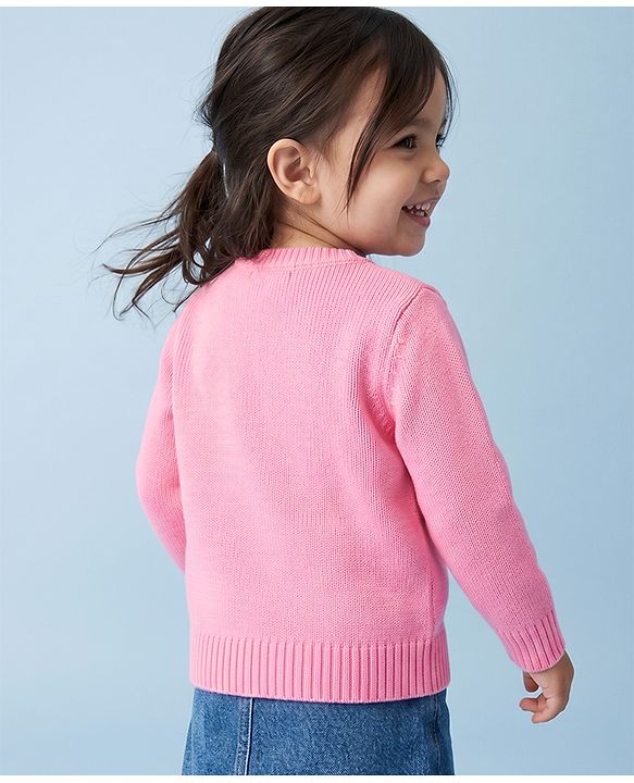 Babyhug Knit Full Sleeves Front Open Sweater With Bow Applique - Pink