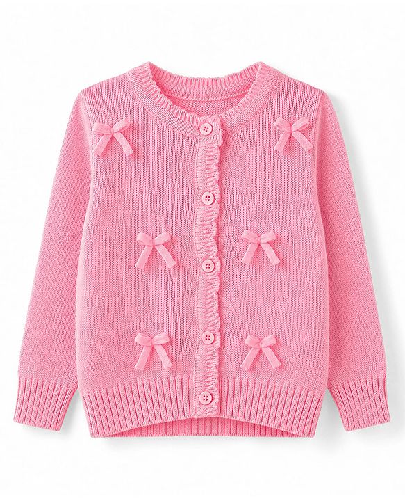 Babyhug Knit Full Sleeves Front Open Sweater With Bow Applique - Pink