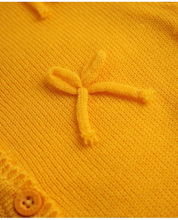 Babyhug Knit Full Sleeves Front Open Sweater with Bow 3D Applique - Yellow