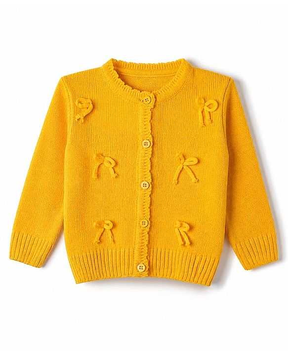 Babyhug Knit Full Sleeves Front Open Sweater with Bow 3D Applique - Yellow