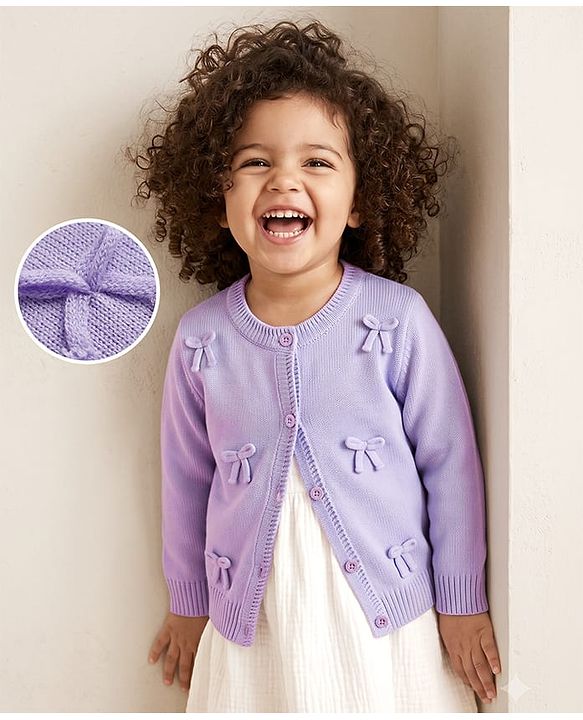Babyhug Knit Full Sleeves Front Open Sweater With Bow Applique - Lavender