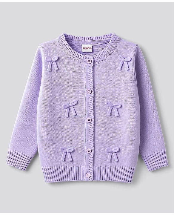 Babyhug Knit Full Sleeves Front Open Sweater With Bow Applique - Lavender