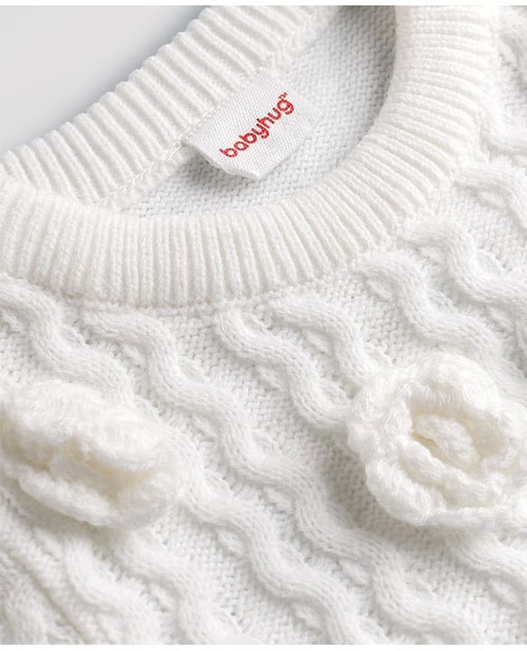 Babyhug Knit Full Sleeves Solid Colour Pullover with Cable Knit Design & Floral Applique-White